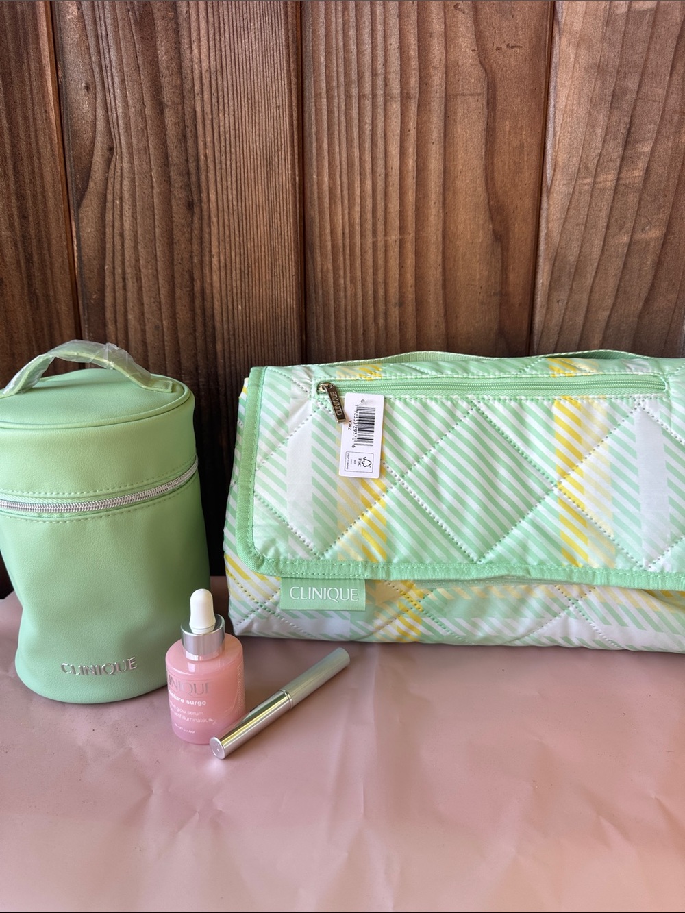 Clinique bundle. Brand new. Unopened. Picnic throw. Makeup bag. Surge and Lip
